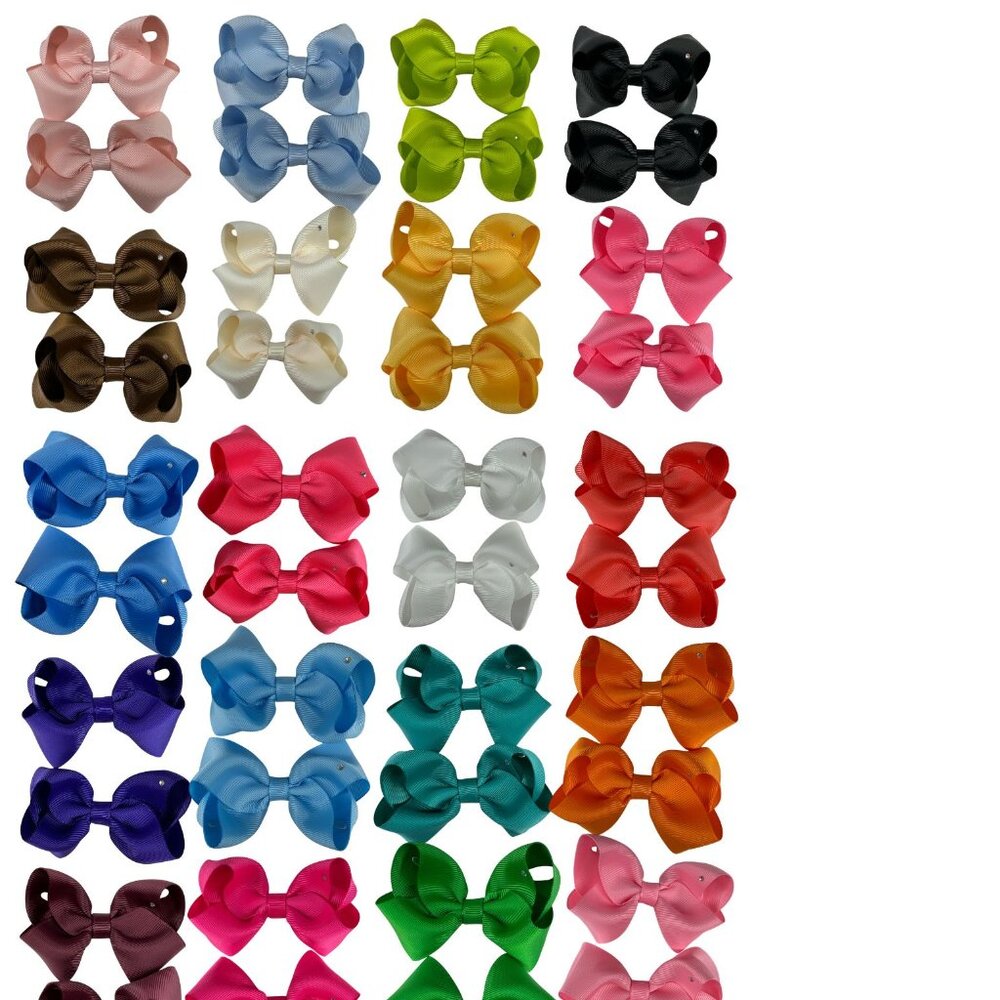 Set of 24 Pairs of Hair Bows for Girls – Assorted Colors – Handmade 3.5” Ribbon